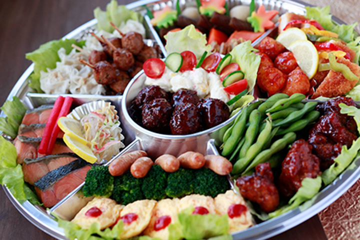 Overhead shot of assorted produce arranged on a table